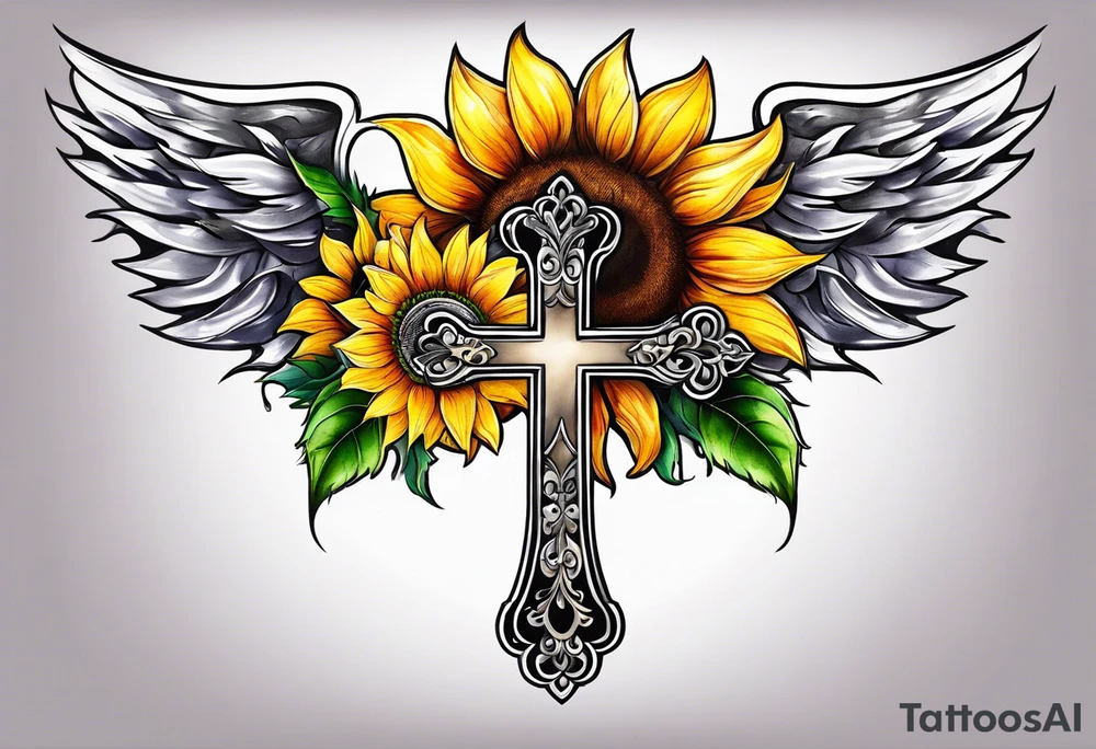 Winged cross with sunflower tattoo idea