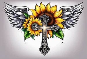 Winged cross with sunflower tattoo idea