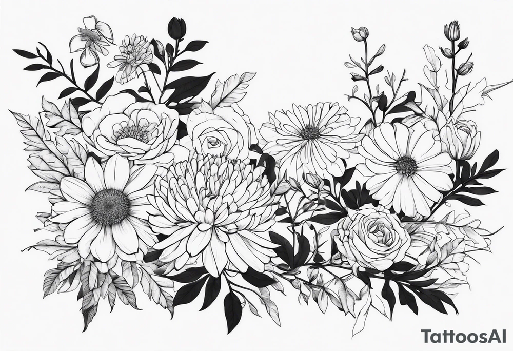 Asters, roses, hawthorns, and chrysanthemums in a long line tattoo idea