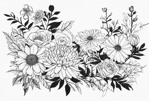 Asters, roses, hawthorns, and chrysanthemums in a long line tattoo idea