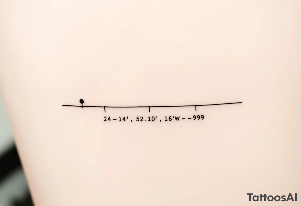 A minimal fine-line tattoo showing a straight, thin horizontal timeline with two small evenly spaced dots. Below the first dot, write the coordinates: "24°10′N, 20°16′E". Below the second dot, write: "53.4084°N, 2.9916°W". Above each coordinate, place a small circle or marker dot to signify key points. Beneath the entire timeline, add a single row of visual Morse code symbols using only dots (●) and dashes (—), arranged like this: — ● — ●   ● —   ● — ●   — — —   ● — ● ●   ● ●   — ● ●   ● —. Do not include any text labels or explanations. The code should appear as an abstract design element. Keep the entire tattoo clean, balanced, and symbolic tattoo idea