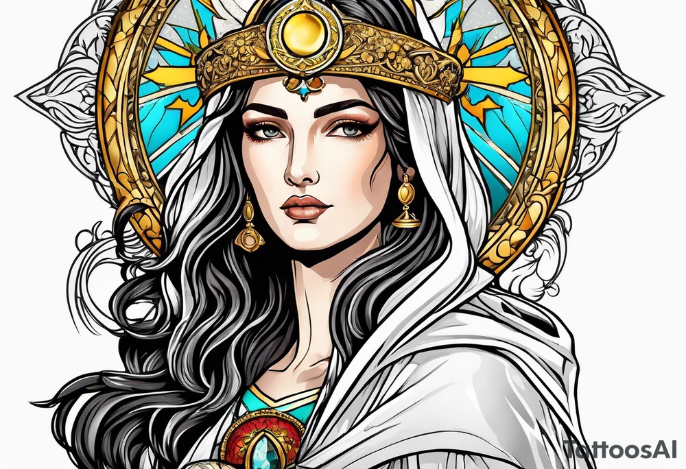 holy saint woman with golden halo holding a chalice tattoo idea