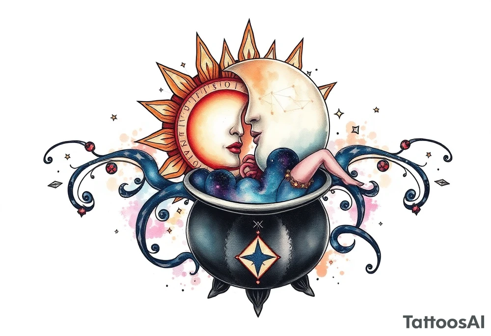 celestial sun and moon embrace with constellation patterns runes in galaxy coming out of witch cauldron tattoo idea