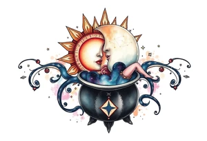 celestial sun and moon embrace with constellation patterns runes in galaxy coming out of witch cauldron tattoo idea