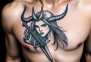 Feminine Tattoo dark female warrior with dagger and realistic horns just barley touching collarbone with a lot of shading tattoo idea