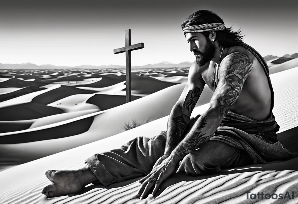 man crawling in a desert reaching to the cross of Christ tattoo idea
