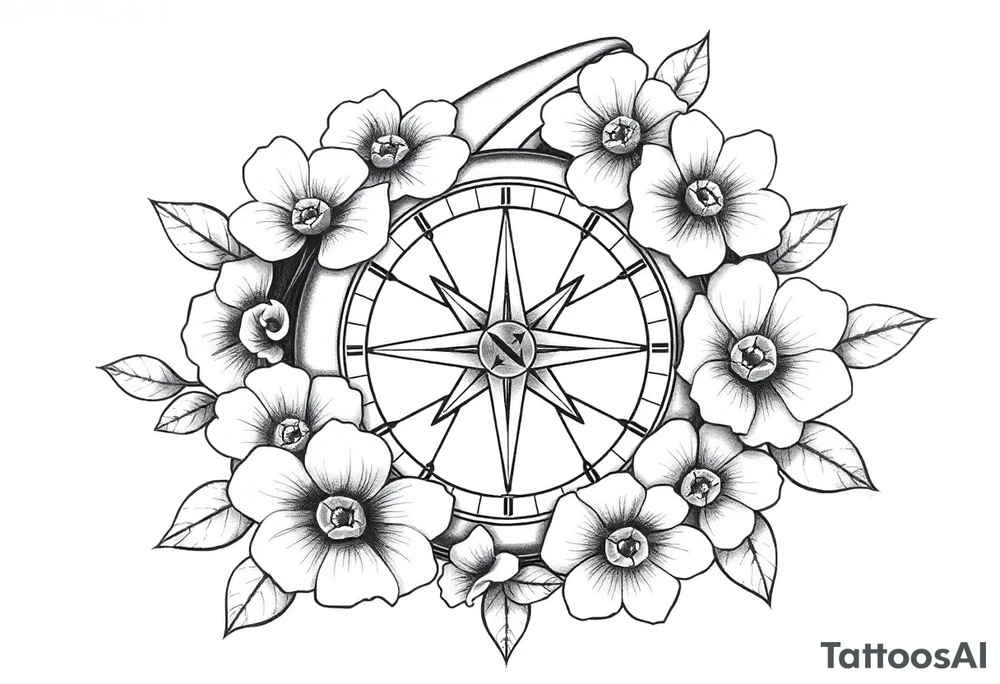 number 6 with flowers surrounding it and a nautical compass in the middle of the circle of 6 and fleur des lis as the center of the compass tattoo idea
