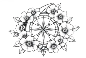 number 6 with flowers surrounding it and a nautical compass in the middle of the circle of 6 and fleur des lis as the center of the compass tattoo idea