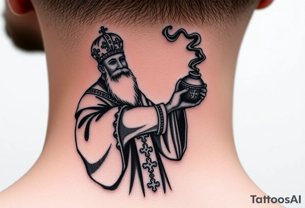 Russian Orthodox Priest in fully detailed vestment swinging a censer with smoke curling upward tattoo idea