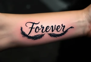 "Forever" formed from black feathers, gently falling into the shape of an infinity loop. tattoo idea