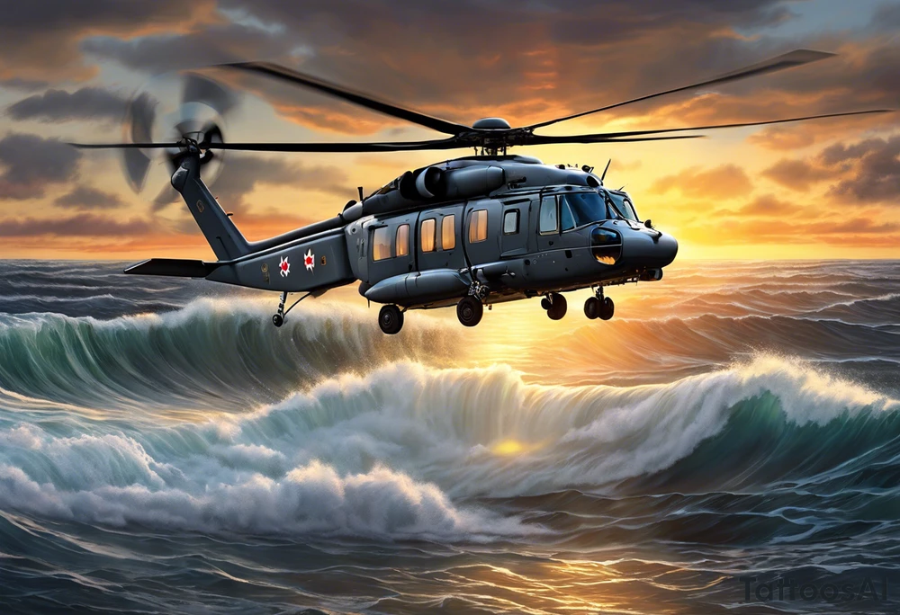 A detailed 4K drawing of a Canadian military grey CH-148 Cyclone helicopter soaring low over rough, ocean waves. The sun is setting, casting a dramatic glow on the scene. The background is highly detailed, with realistic clouds and a specular reflection of the helicopter on the water. Focus on the intricate details of the helicopter and the ruggedness of the ocean. tattoo idea