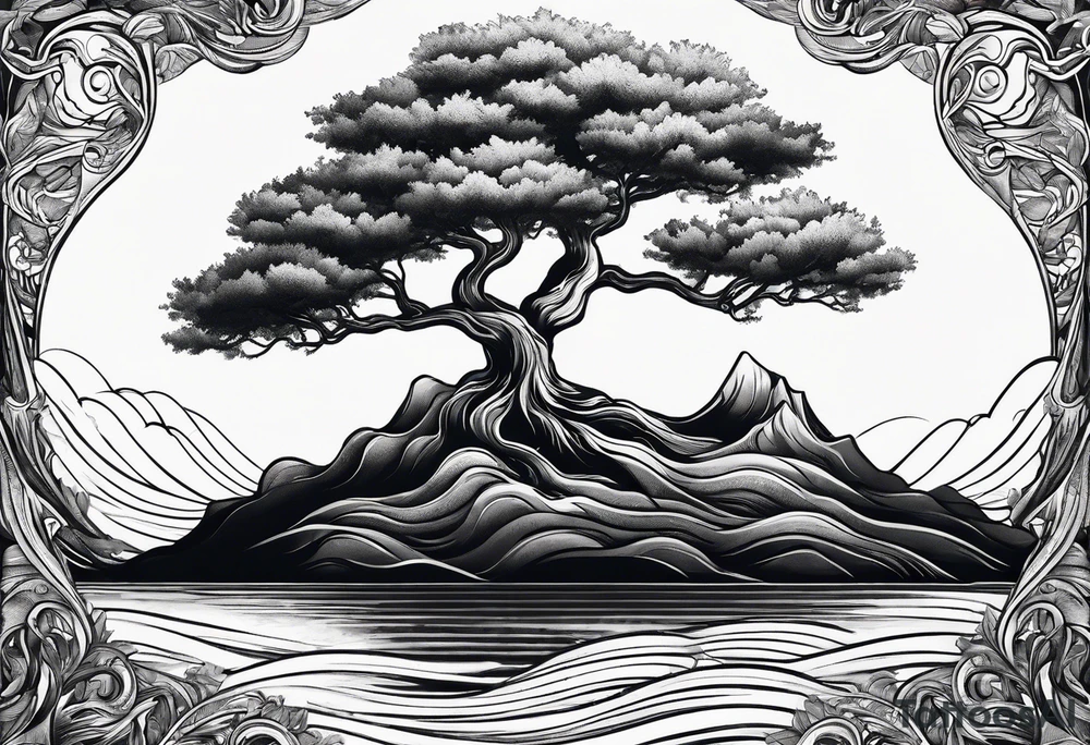 tree with roots growing around calming waves tattoo idea