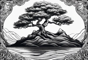 tree with roots growing around calming waves tattoo idea