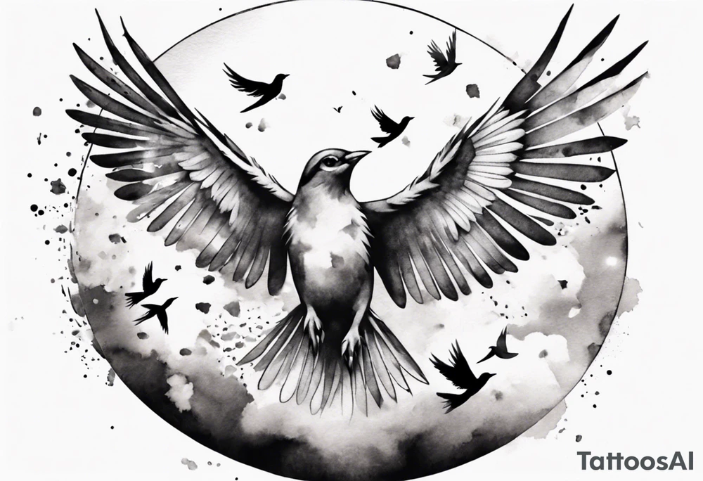 shoulder tattoo with light rays with birds flying free among the clouds, round shape, 3d effect tattoo idea