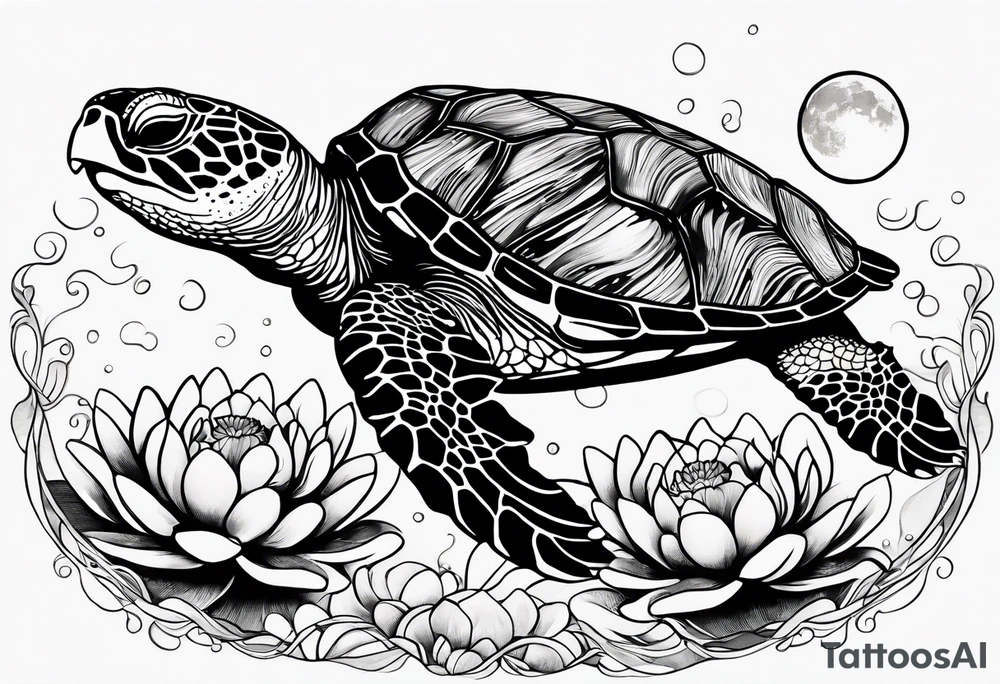 One larger sea turtle with two baby sea turtles, water, moon, and 4 water lilies tattoo idea