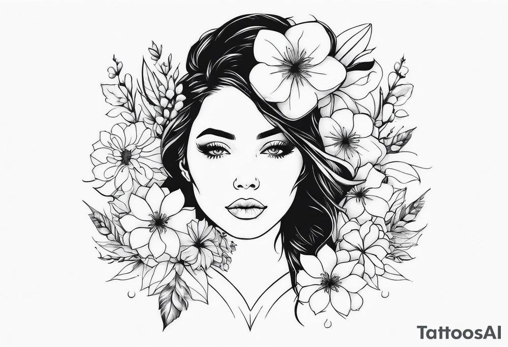 flowers aeound womans face detailed tattoo idea