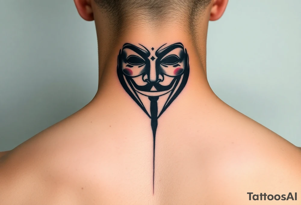 Anonymous hacker mask tattoo green and black color black hat hacker front neck tattoo idea
