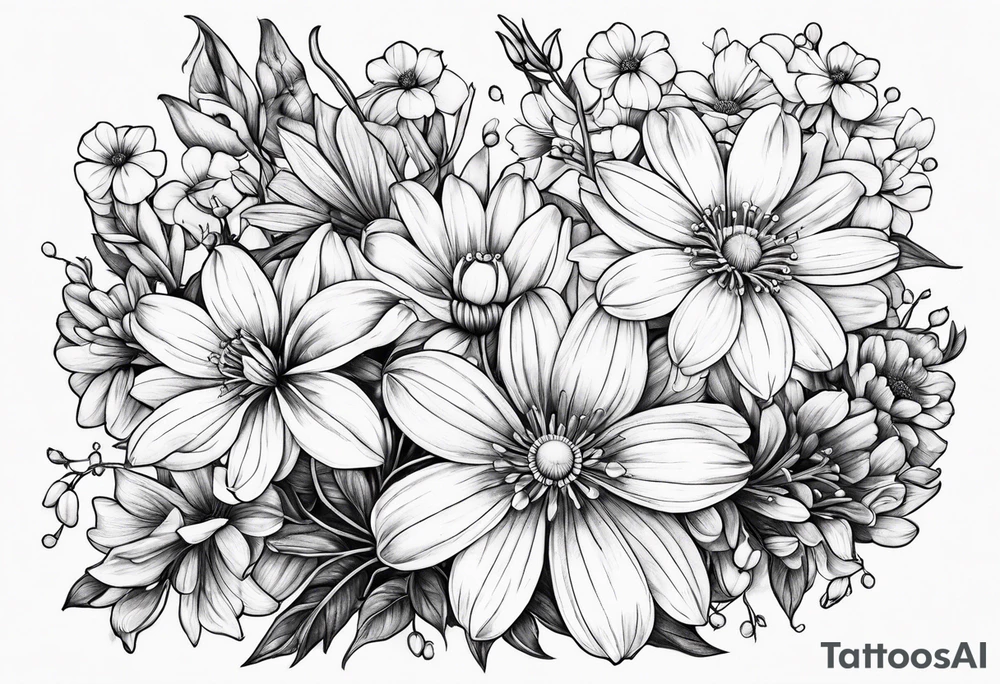 Honeysuckle,3 daisys,cosmos,and snowdrop tattoo idea