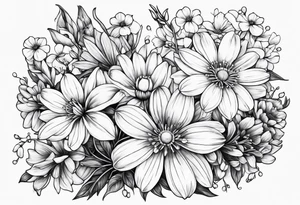 Honeysuckle,3 daisys,cosmos,and snowdrop tattoo idea
