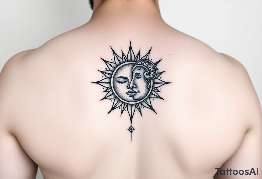 celestial sun and moon embrace with constellation patterns on arm tattoo idea