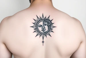 celestial sun and moon embrace with constellation patterns on arm tattoo idea