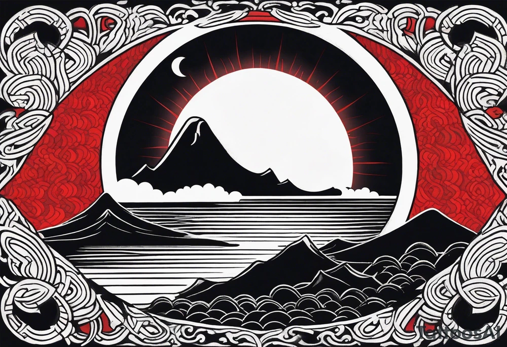 black solar eclipse with red light shining behind it, dark fantasy landscape tattoo idea
