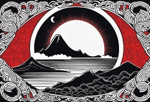 black solar eclipse with red light shining behind it, dark fantasy landscape tattoo idea