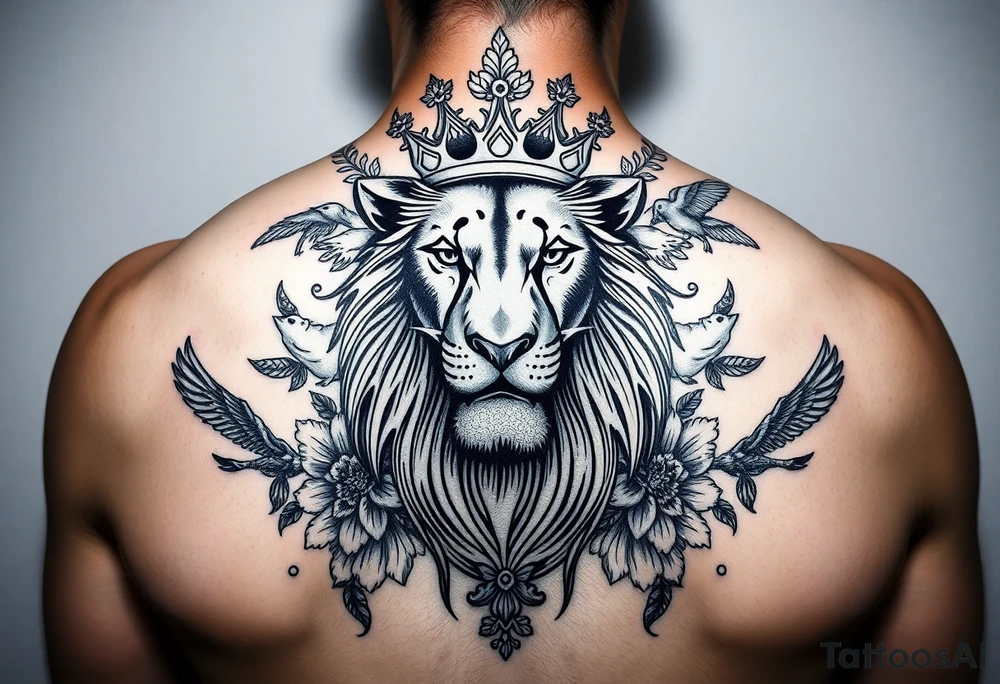 powerful majestic lion with a crown, surrounded by floral ornaments and birds tattoo idea