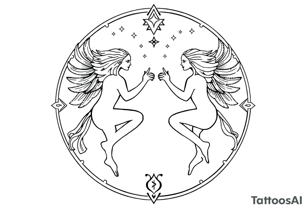 Gemini stars constellation in the sky with sacred geometry and cosmic elements in Egyptian language tattoo idea