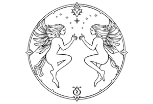 Gemini stars constellation in the sky with sacred geometry and cosmic elements in Egyptian language tattoo idea