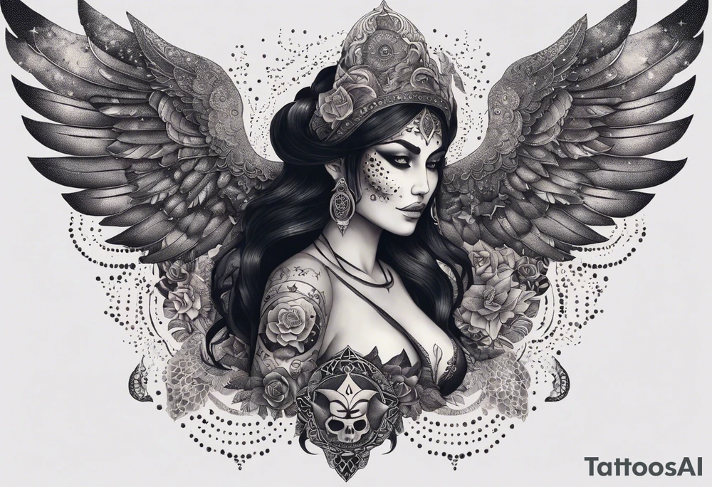 black kali, goddess pirate, alien, angel, pachamama, valkrye, warrior, flying, skull, lotus azul, wing, eagle, zenza resonance, stars, 5D, anahata chakra, death, durga, riding on a tiger, flying lady, chest tatoo tattoo idea