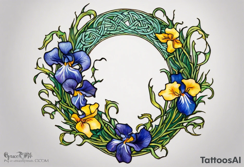 Create a small, colorful Vincent van Gogh Irises tattoo in the form of a crescent, with vines in Celtic knot style gracefully intertwining at a central point in the middle of the wreath. The intended placement is on the upper chest. The middle needs mountains. The overall design should be small in size while maintaining a delicate and artistic aesthetic. Pay attention to the graceful flow of the vines and the placement of the irises to achieve a refined and elegant look. tattoo idea