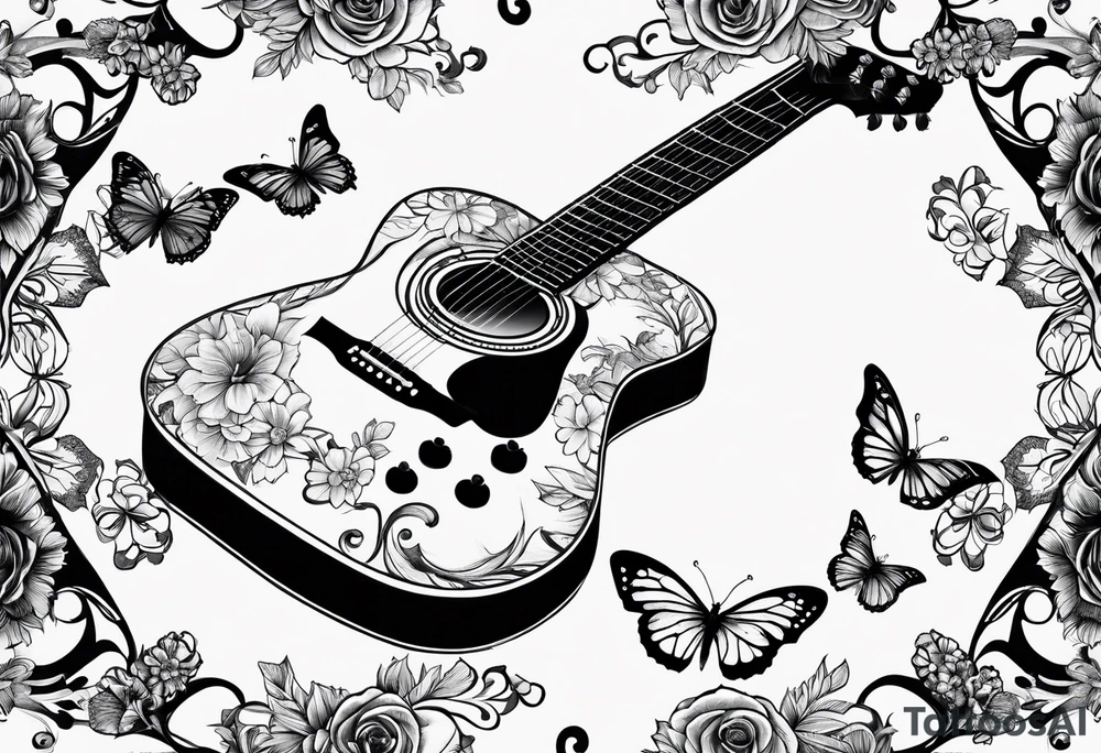 Guitar with flowers growing off the side, butterflies, small tattoo idea