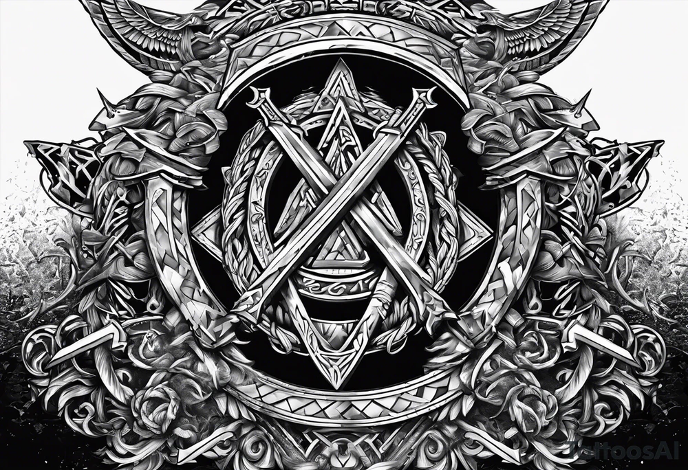 Valhalla sword shield axe Valknut chains tattoo idea Valhalla sword shield axe Valknut chains tattoo idea