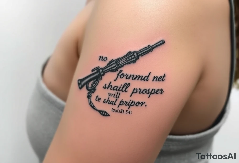 Strong biblical image that depicts, Isaiah 54:17, no weapon formed against me shall prosper under water tattoo idea