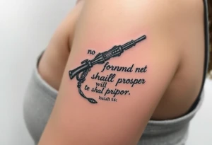 Strong biblical image that depicts, Isaiah 54:17, no weapon formed against me shall prosper under water tattoo idea