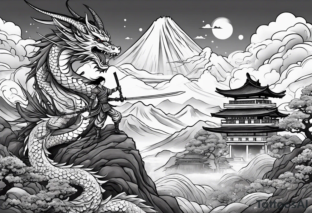 warrior beautiful fairy with a full body holding a sword and a full dragon and the background will be mountains, clouds, and a Japanese building tattoo idea