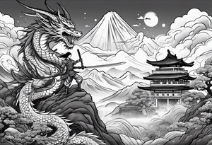 warrior beautiful fairy with a full body holding a sword and a full dragon and the background will be mountains, clouds, and a Japanese building tattoo idea