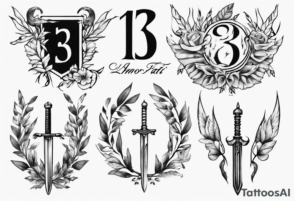 memorial tattoo using the number 13, a sword, a laurel leaf wreath, and amor fati tattoo idea