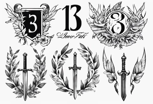 memorial tattoo using the number 13, a sword, a laurel leaf wreath, and amor fati tattoo idea