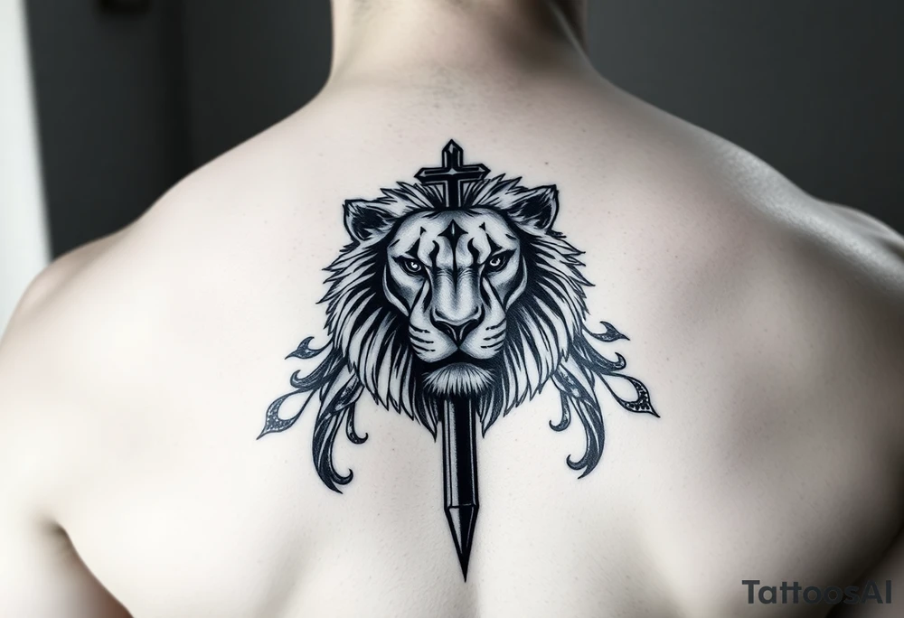 majestic lion and a cross tattoo idea