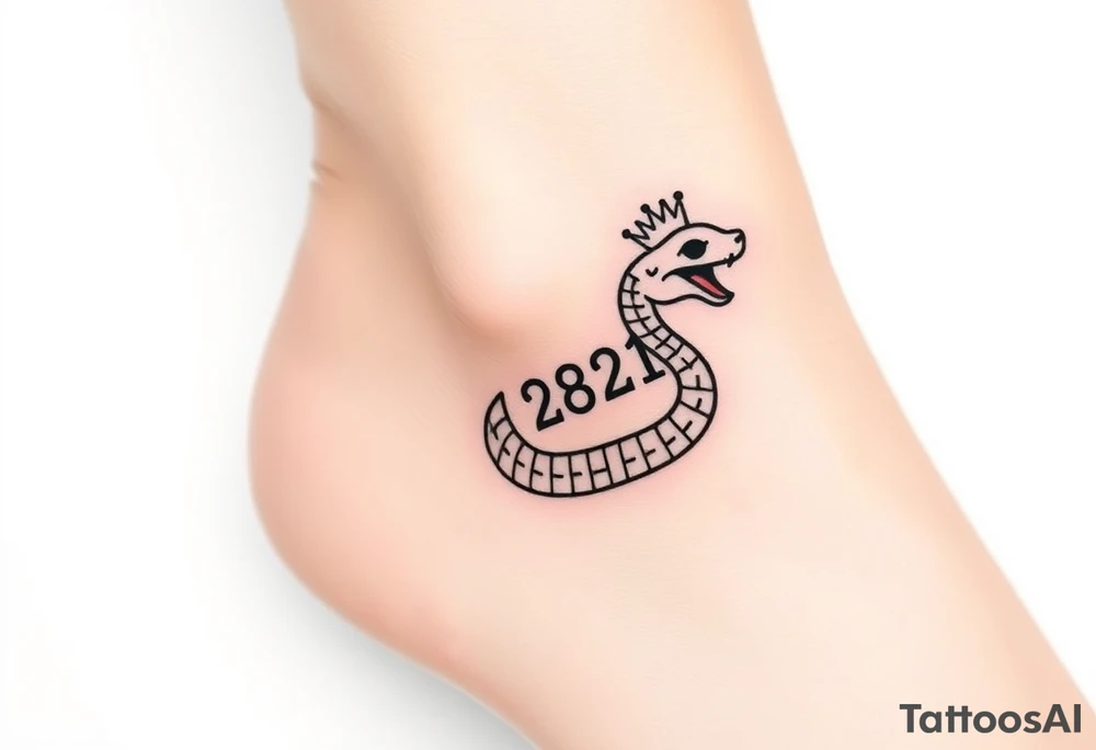 I want a small simple silhouette lines black and white wrist princess like girl snake tattoo that has number 12821 on its body along and also I want it to represent feminine energy crown queen Cycle tattoo idea