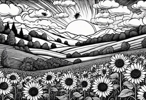 dreamy sunflower meadow valley with two large bumble bees occupying the sky with perfect cumulous clouds tattoo idea