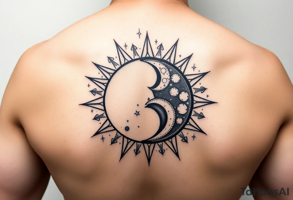 celestial sun and moon embrace with constellation patterns tattoo idea