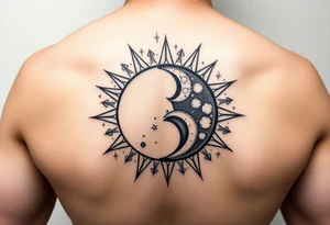 celestial sun and moon embrace with constellation patterns tattoo idea