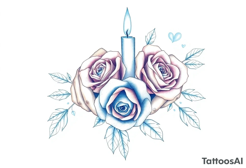 Two hands, roses, two candles, blue tattoo idea