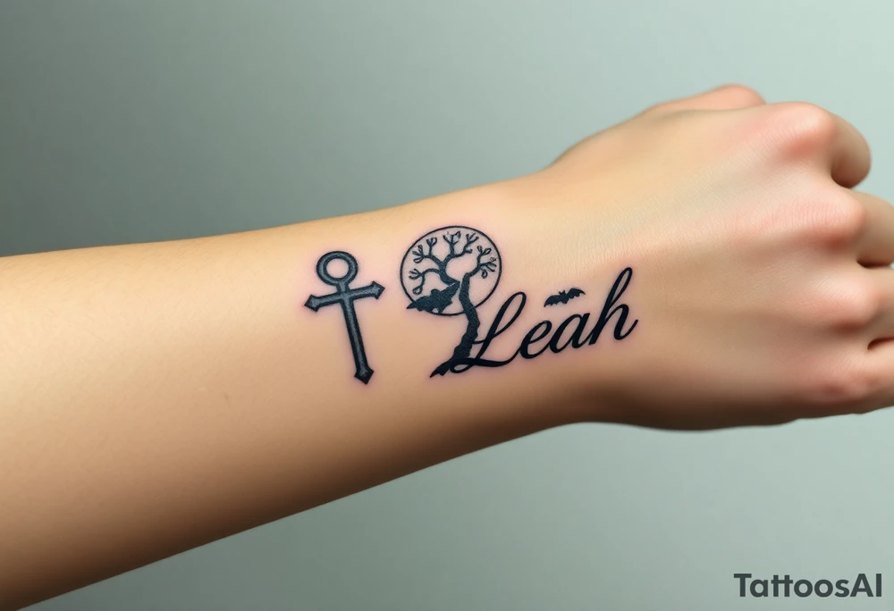 An ankh, 1-18in Roman numerals, a poison tree silhouette with a moon and bat silhouettes, the name Leah tattoo idea