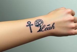 An ankh, 1-18in Roman numerals, a poison tree silhouette with a moon and bat silhouettes, the name Leah tattoo idea