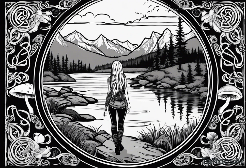 Whole picture encircled fully

Straight long blonde hair hippie girl in distance holding mushrooms in hand facing away toward mountains and creek surrounded by mushrooms long sleeve shirt and hiking pants; whole rendering within a full celtic circle, no cut off circle tattoo idea