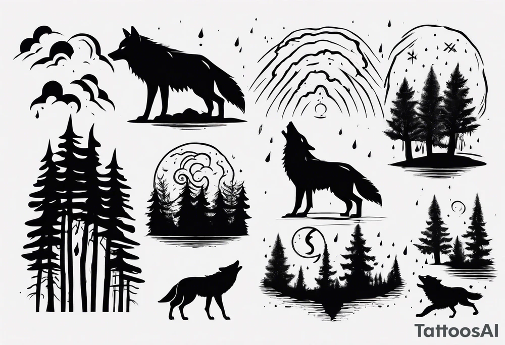 a thunderstorm over a forest and a wolf howling tattoo idea a thunderstorm over a forest and a wolf howling tattoo idea